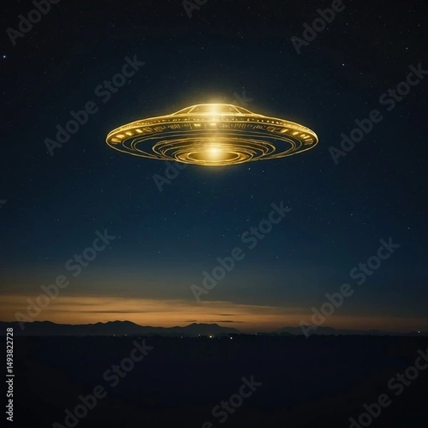 Obraz Mysterious UFO Spaceship Hovering in Nighttime Sky with Glowing Lights and Stars - Sci-Fi Fantasy Landscape and Surreal Cosmic Art