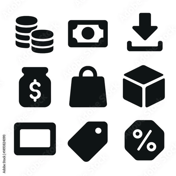 Obraz Finance and shopping silhouette icons set. money, commerce, and retail elements