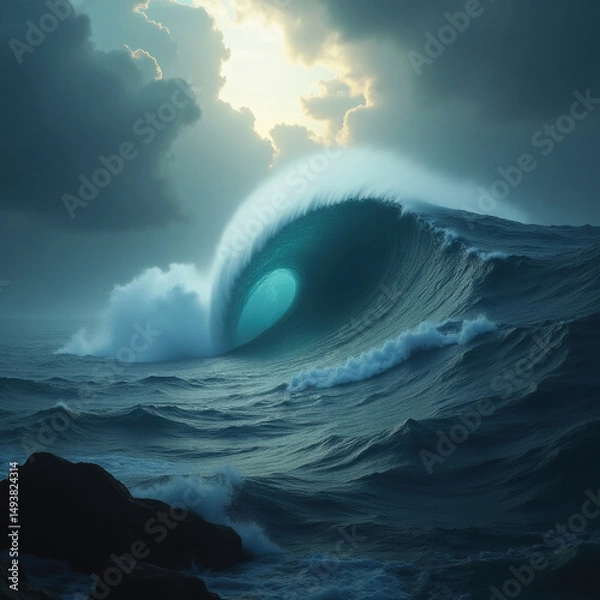 Fototapeta large and high rolling sea waves in the middle of the ocean; loose
