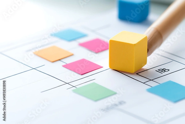 Obraz Planning with colorful sticky notes and building blocks on a grid. Concept: collaborative brainstorming, project management, process mapping, strategy development.