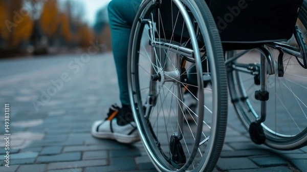 Fototapeta Close-up of a wheelchair on a paved path ready for a marathon concept of sport  