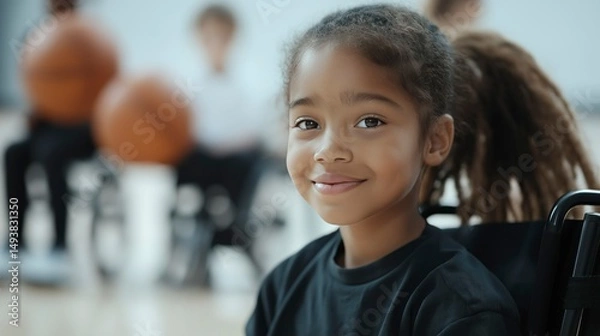 Fototapeta Young girl in wheelchair smiling during adaptive basketball program  