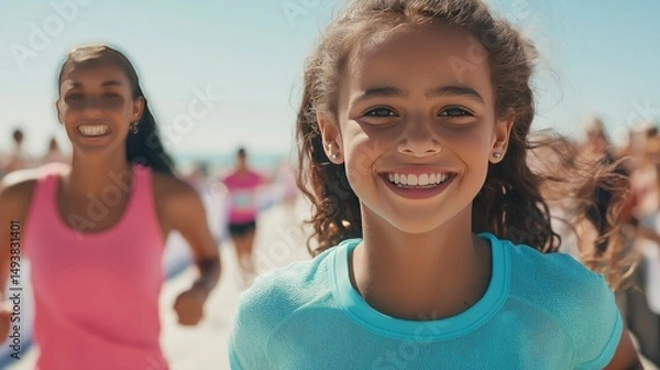 Fototapeta Young girl smiling while running with her mother in a 5k race  