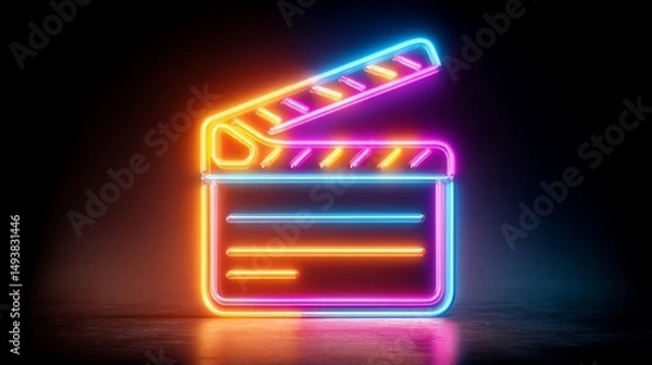 Fototapeta Neon clapperboard on dark background