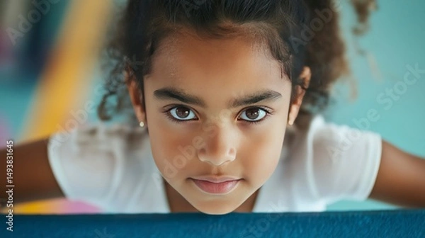 Fototapeta Young girl concentrating while practicing gymnastics on balance beam  