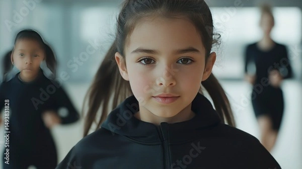 Fototapeta Young girl focused while running in gym class with classmates  