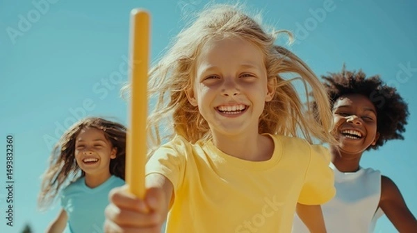 Fototapeta Three girls running with baton in relay race at school sports day  