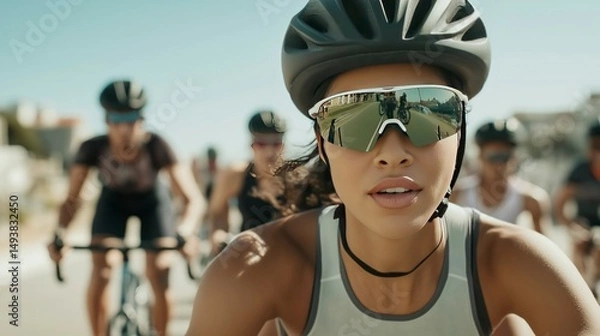 Fototapeta Female cyclist focused during triathlon transition with teammates  