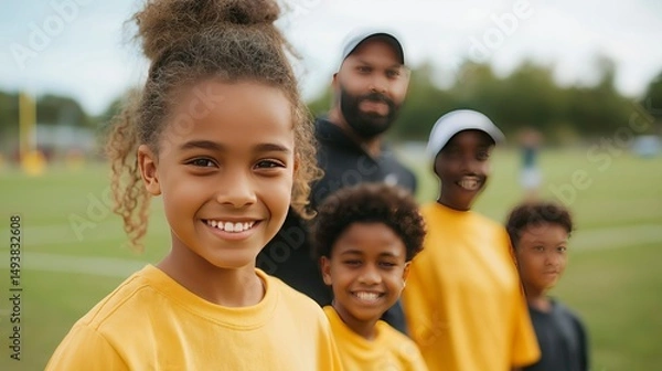 Fototapeta Group of children smiling in yellow shirts on football field with coach  
