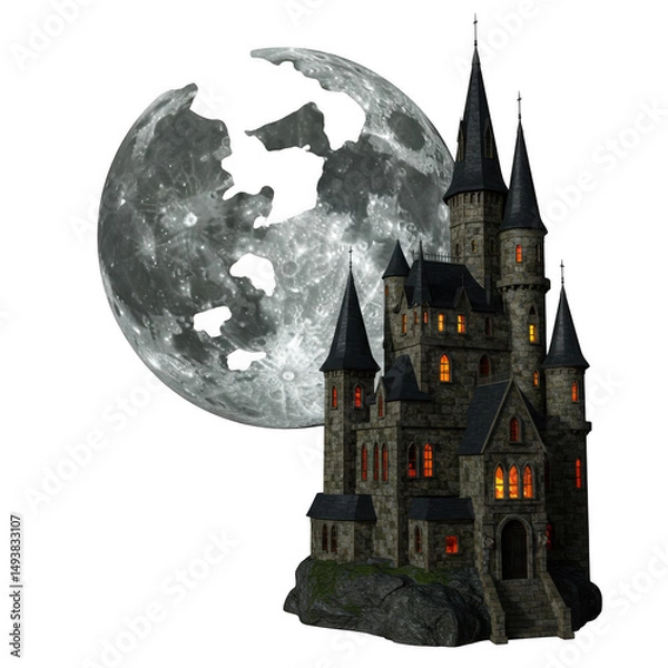 Fototapeta Gothic castle under full moon isolated on transparent background