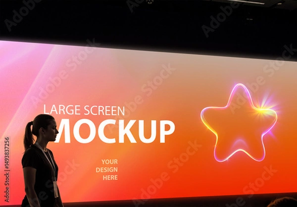 Obraz Conference Stage Presentation Screen Mockup – Empty White Display with Silhouetted Host
