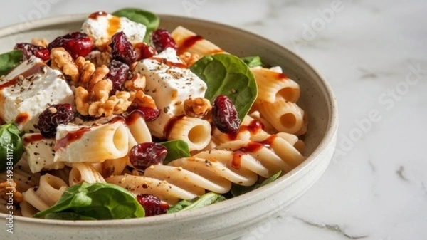 Obraz Rigatoni salad with feta and cranberries. The dish is in a bowl and consists of rigatoni al dente pasta, creamy feta cubes, dried cranberries in dough, fresh spinach leaves and crunchy walnuts.
