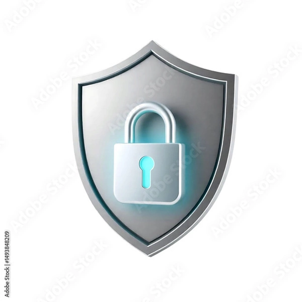 Obraz Cyber Shield: A close-up shot of a sleek, metallic shield bearing a glowing padlock, representing cybersecurity and protection. It embodies the concept of secure data in the digital age.
