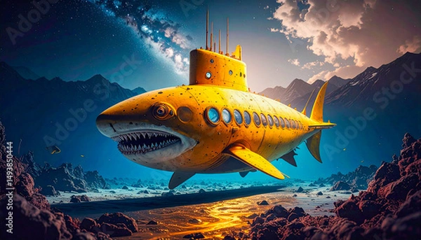 Fototapeta A yellow vintage submarine in the shape of a shark