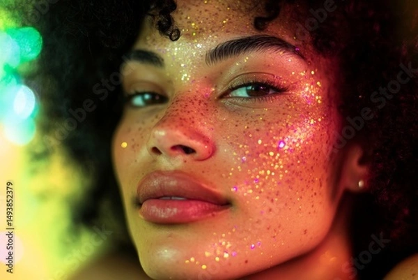 Fototapeta Close up portrait of young african american woman with curly hair and glitter on her face against color background. Beauty, cosmetics and creative art makeup. Bright skin.