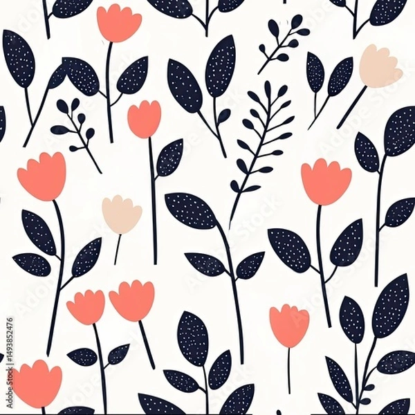 Fototapeta Delightful floral pattern with coral and blush flowers and navy leaves for a modern look