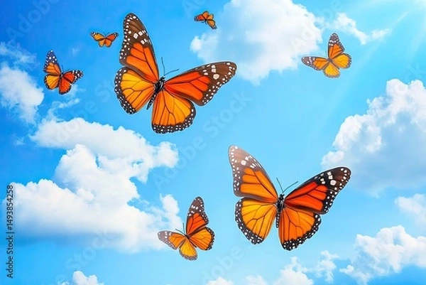 Fototapeta Beautiful monarch butterflies gracefully flutter against a bright blue sky and fluffy clouds