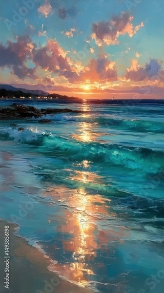 Obraz Sunset Over Ocean Waves Beachfront Digital Art Tranquil Evening Serene View Nature's Beauty