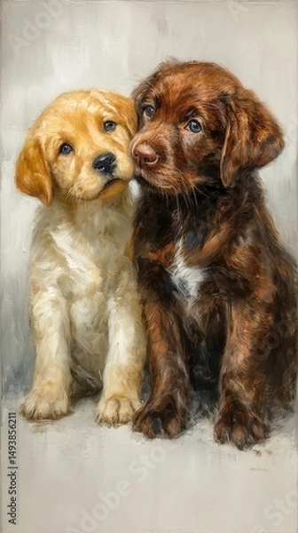 Obraz Playful Puppies Snuggling Indoor Studio Pet Portrait Soft Lighting Close-Up Friendship and Bonding