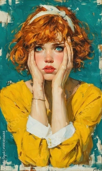 Obraz Emotional Portrait of a Young Woman Studio Digital Art Vibrant Background Close-Up Expressing Vulnerability