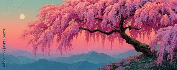 Obraz Serene Cherry Blossom Tree at Sunset Mountain Landscape Digital Art Tranquil Environment Vibrant Colors Nature Concept