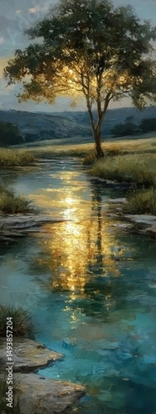 Obraz Serene Water Reflection Peaceful Stream Nature Scene Tranquil Landscape Evening Light Natural Beauty