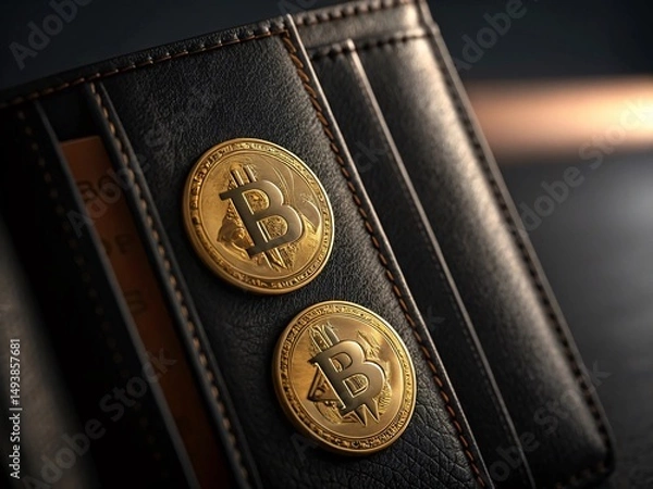 Fototapeta Bitcoin cryptocurrency coins in leather wallet. 
Closeup shot of bitcoin.