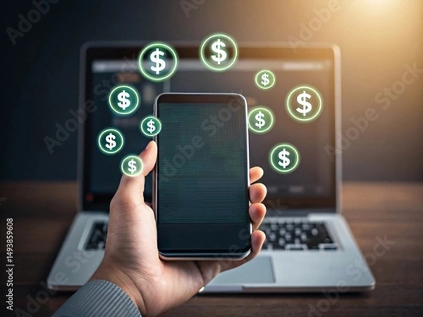 Fototapeta Mobile payment and financial transactions concept with smartphone and dollar signs. 