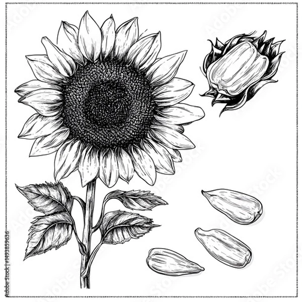 Fototapeta Professional hand-drawn sketch set of sunflowers and sunflower seed for design projects