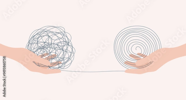 Fototapeta Two human hands holding tangled and untangled connected balls. Flat vector illustration