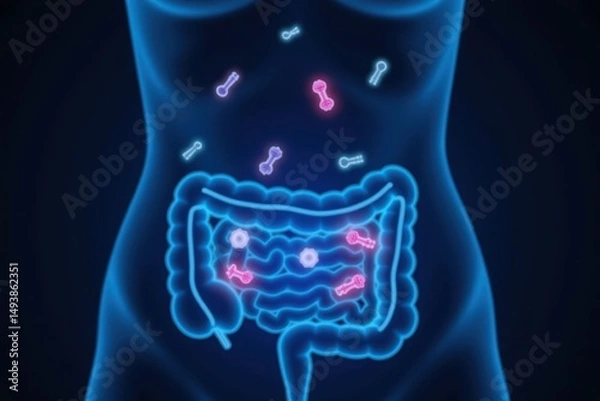 Fototapeta a conceptual image of floating good bacteria icons over a person's midsection showing a healthy gut, glowing blue hues with dark fade edges and visual balance.