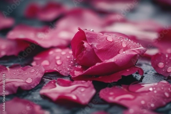 Fototapeta A delicate pink rose glistens with water droplets amidst a scattering of petals.