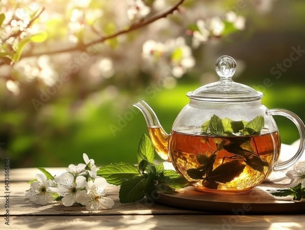 Fototapeta A refreshing glass teapot of mint tea graces a sunlit wooden table alongside delicate blossoms.