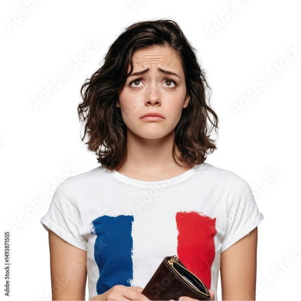 Fototapeta Worried Woman Holding Empty Wallet Isolated on Transparent Background On Transparent Background