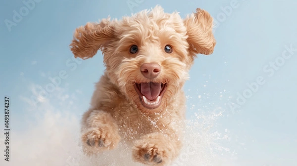 Fototapeta A joyful dog with fluffy fur runs through a sunny landscape, capturing a moment of pure happiness while enjoying outdoor playtime