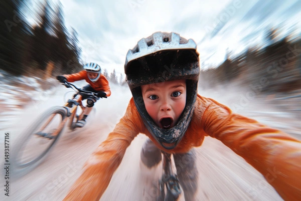 Fototapeta Two young boys ride their bikes on a dusty trail through the woods. One cyclist is focused while the other shouts in excitement, enjoying an outdoor adventure