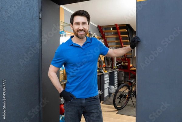 Fototapeta Mechanic posing with hand on hip in workshop