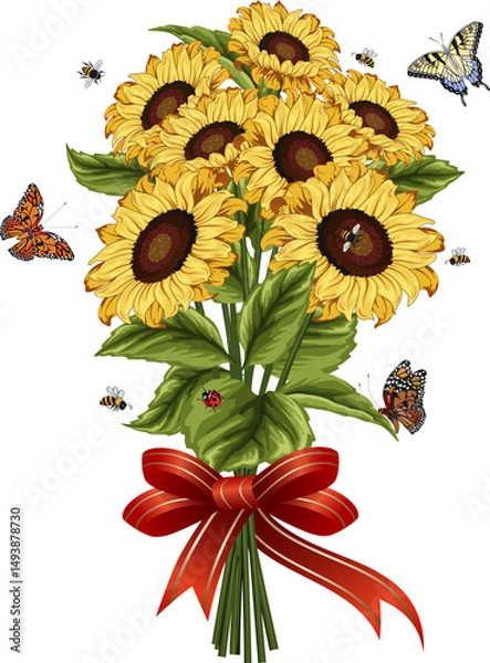 Fototapeta Sunflowers with a red bow.Vector illustration with a bouquet of sunflowers, bees and butterflies.