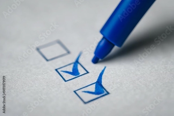 Fototapeta Blue pen checking boxes on paper - concept of task completion and organization