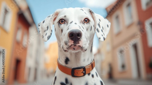 Fototapeta A Dalmatian dog stands confidently on a vibrant city street, surrounded by charming buildings on a sunny day, capturing the essence of urban life