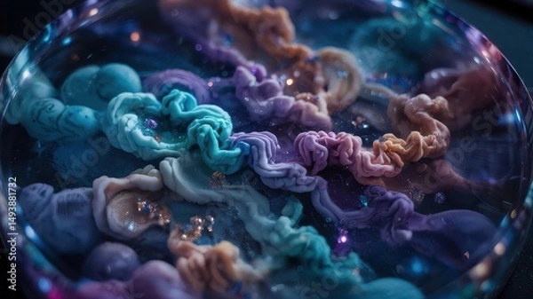 Fototapeta Resin galaxy artwork close-up with swirling teal, violet and copper formations resembling nebula clouds, glitter particles suspended in transparent layers creating cosmic depth effect