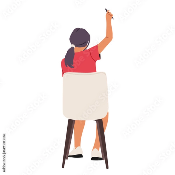 Obraz Girl student cartoon character holding raised hand with pen on chair backside isolated on white