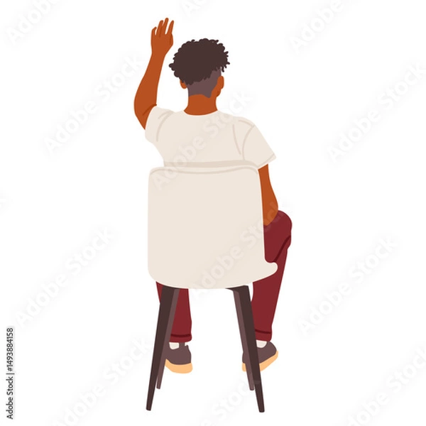 Obraz Young hipster guy cartoon character with raised hand sitting on chair back view isolated on white