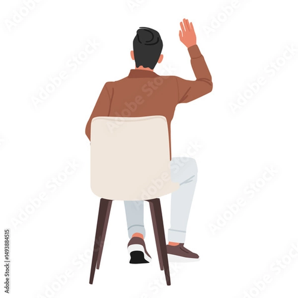 Obraz Back view of businessman cartoon character raising hand while sitting on chair isolated on white