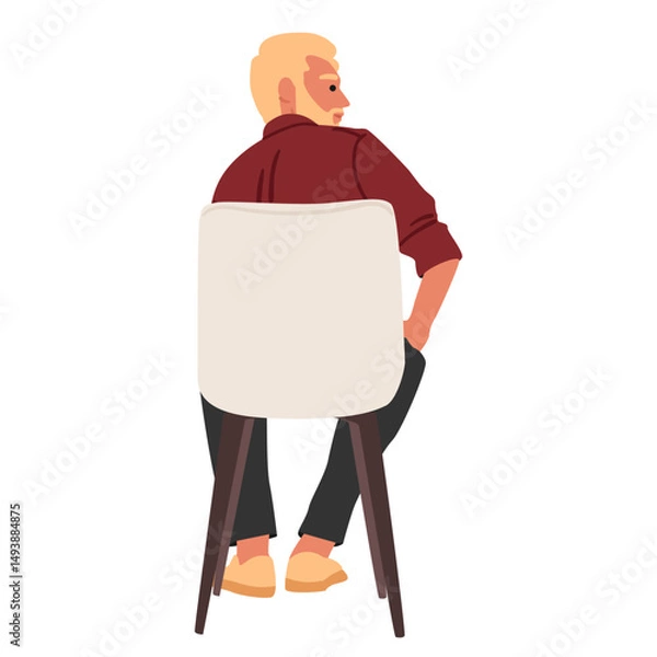 Obraz Backside view of adult man cartoon character sitting on chair listening seminar isolated on white