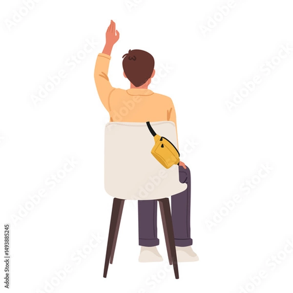 Obraz Back view man isolated cartoon character with raised hand on chair asking question or answering