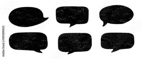 Fototapeta Set of six crayon-style speech bubbles and text boxes. Hand-drawn black shapes with rough chalk texture. Ideal for messages, comics, quotes, or graphic design projects.
