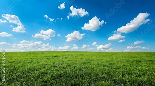 Fototapeta Vast expanse of green grass under a vibrant blue sky.