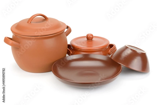 Fototapeta Set of beautiful clay dishes isolated on white