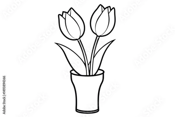 Obraz Two Tulips in a Vase Outlined, Black and White Floral Illustration